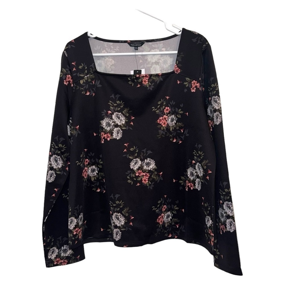 Violets & Roses Women's Square Neck Long Sleeve Floral Top Black Size XL NWT - Picture 3 of 10